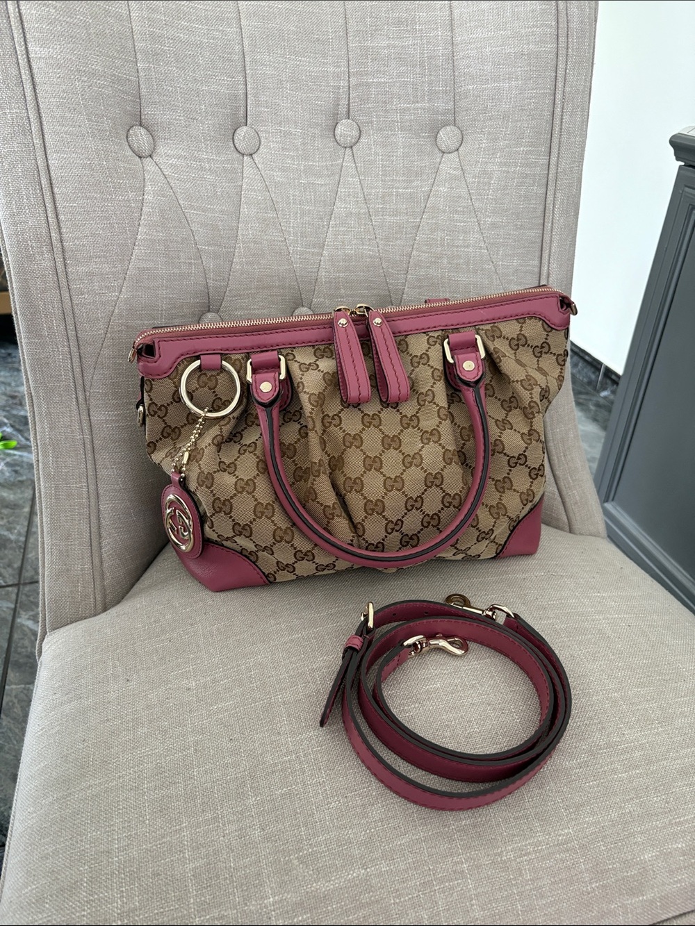 Gucci Beige GG Canvas Satchel with Pink Trim and Detachable Strap